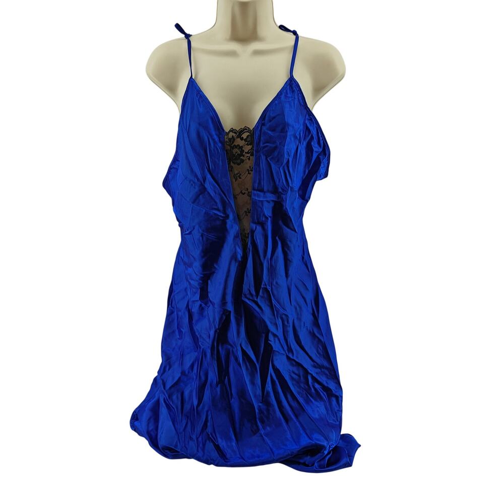Vintage Delicates Royal Blue Satin Blace Lace Midi Slip Lingerie Nightie Dress L